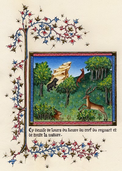 Enluminure de Sylvie Constantin inspire du "livre de chasse de Gaston Phbus"